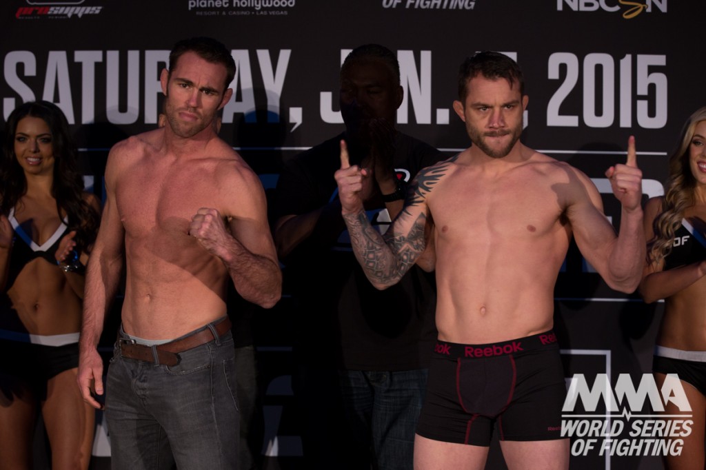 Caption: Welterweight superstars (170 pounds) Jake Shields (left) and Brian Foster (right) will collide in the main event of the World Series of Fighting Mixed Martial Arts (MMA) event and five-bout telecast, live on NBC Sports Network, beginning at 9 p.m. EST tomorrow, Saturday, January 17 from Planet Hollywood Resort & Casino in Las Vegas, Nev.